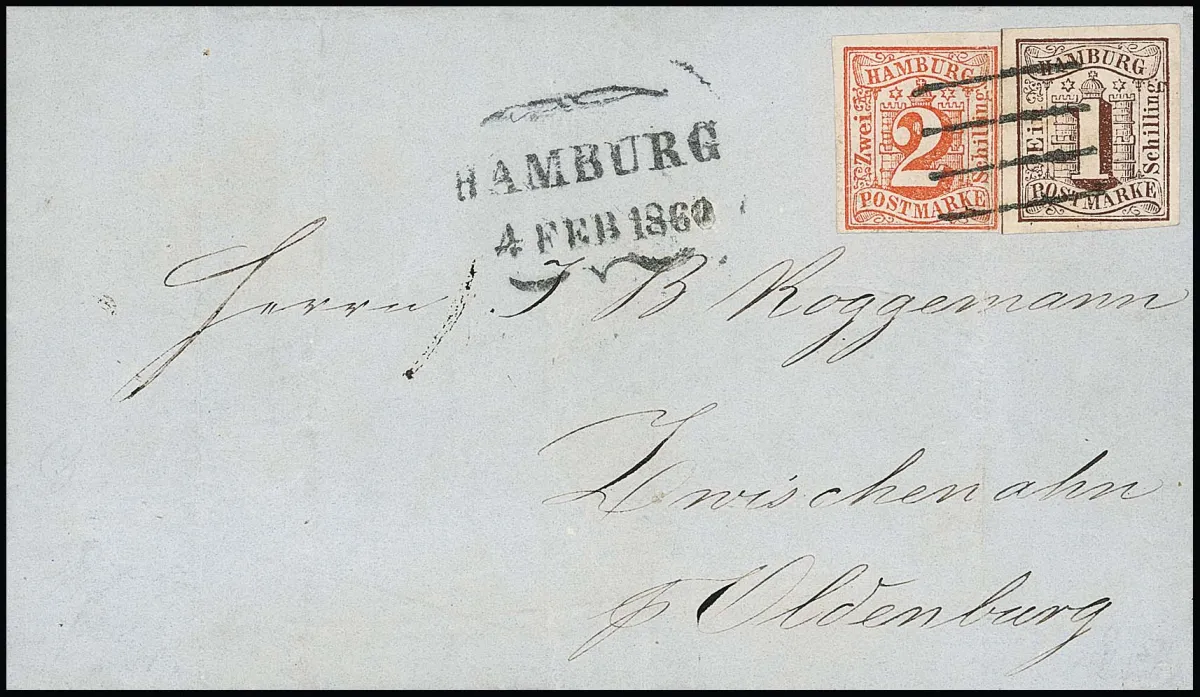 1 Sch. brun, larges marges, avec 2 Sch. rouge, ce dernier avec pli peu visible lissé, sur lettre propre et bien oblitérée de Hambourg 1860 à Zwischenahn…