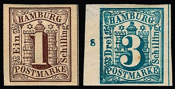 1 Sch. brun, 3 Sch. bleu prussien (du bord gauche de feuille avec numéro de rangée "8"), pièces de cabinet non oblitérées à larges marges, Mi. 260,- +