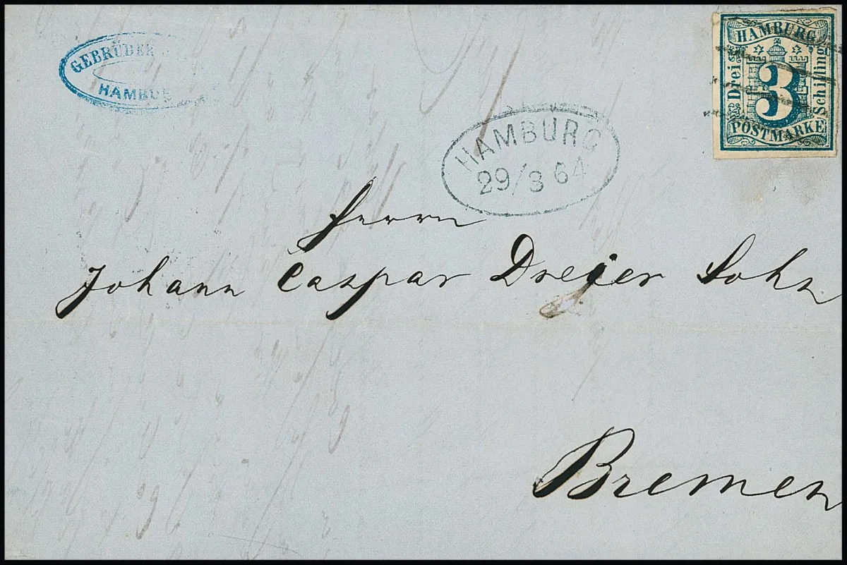 3 Sch. Prussian blue, full margins all around, small split top left, on folded letter from Hamburg 1864 to Bremen, sign. Löhden. Mi. 1400,-