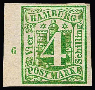 4 Sch. yellowish green, unused cabinet piece from left sheet margin (row no. "6") with special feature "without watermark", signed Engel