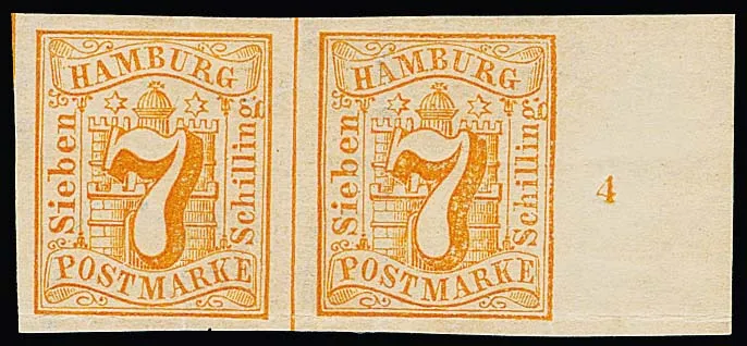 7 Sch. orange, wide-margined unused pair from right sheet margin with row number "4", at bottom along the margin pre-folding trace, Mi. 500,- +