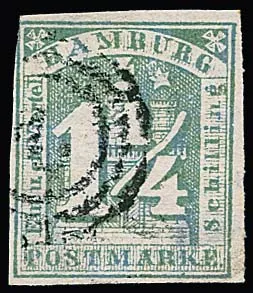 1 1/4 Sch. grey-green, only minimally touched at top left, otherwise good, with variety "left star missing". Of this stamp perhaps six unused examples exist in total, this is the first used example I have seen. Mi. 3000,-