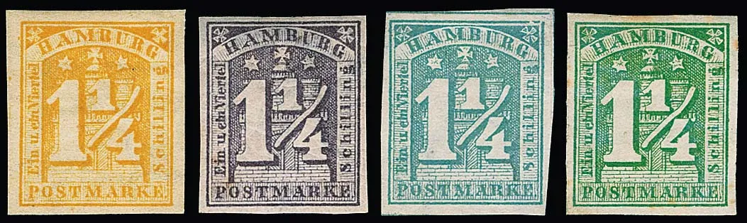 1 1/4 Sch., quatre nuances différentes non oblitérées, essai en jaune-orange (rare !), ainsi qu'une nuance violette inhabituelle, et bleu-vert et gris-vert (dont une un peu tachée)