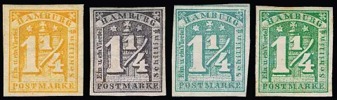 1 1/4 Sch., quatre nuances différentes non oblitérées, essai en jaune-orange (rare !), ainsi qu'une nuance violette inhabituelle, et bleu-vert et gris-vert (dont une un peu tachée)