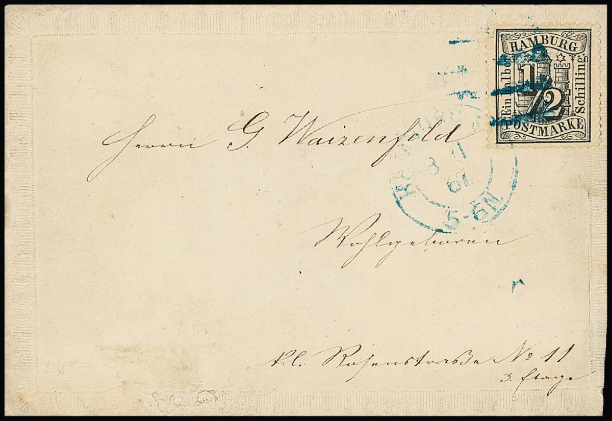 1/2 Sch. black (perforation partly defective) single on pretty local embossed ornamental letter from Berlin
