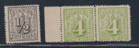 1/2 Sch. noir seul sans filigrane, ainsi que paires de bord 4 Sch. jaune-vert et 9 Sch. jaune-orange, en outre une autre paire 9 Sch. jaune-orange (un timbre avec inclusion naturelle de papier), ici également un timbre sans filigrane