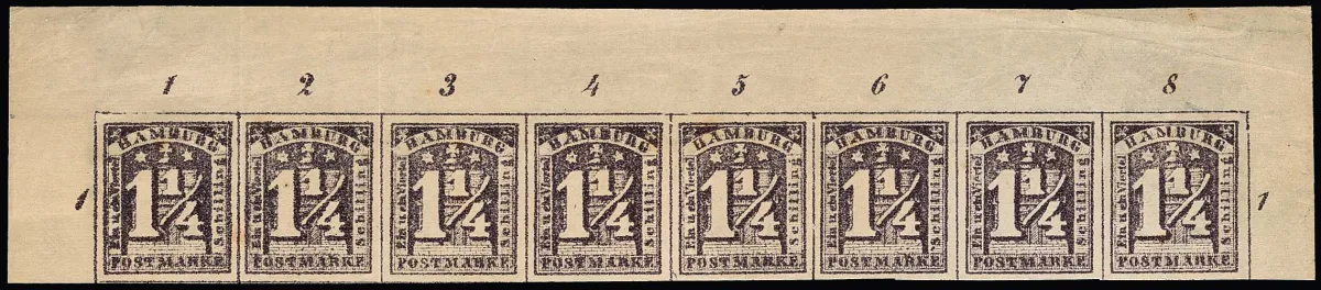 1 1/4 Sch. violet, impression floue, bande complète non oblitérée de huit du bord supérieur avec tous les compteurs de rangée, papier avec filigrane…