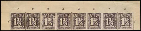 1 1/4 Sch. violet, impression floue, bande complète non oblitérée de huit du bord supérieur avec tous les compteurs de rangée, papier avec filigrane…