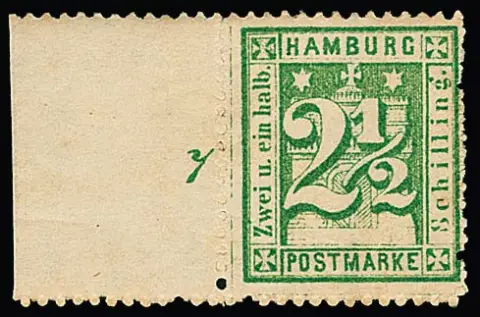 2 1/2 Sch. bleuâtre et jaune-vert chacun non oblitéré, ces derniers du bord avec numéro de rangée "7"