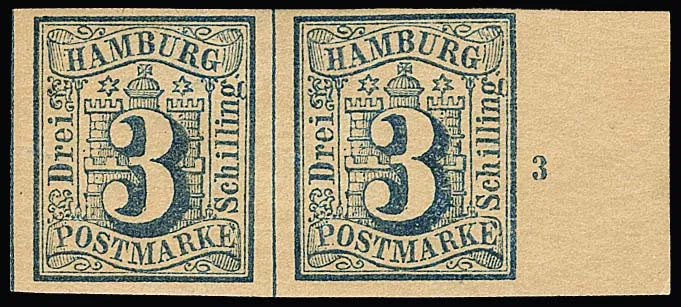 3 Sch. outremer à l'unité non oblitéré, ainsi qu'outremer-bleu en paire de marge avec numéro de rangée "3", celle-ci avec gomme, les deux des restes non dentelés