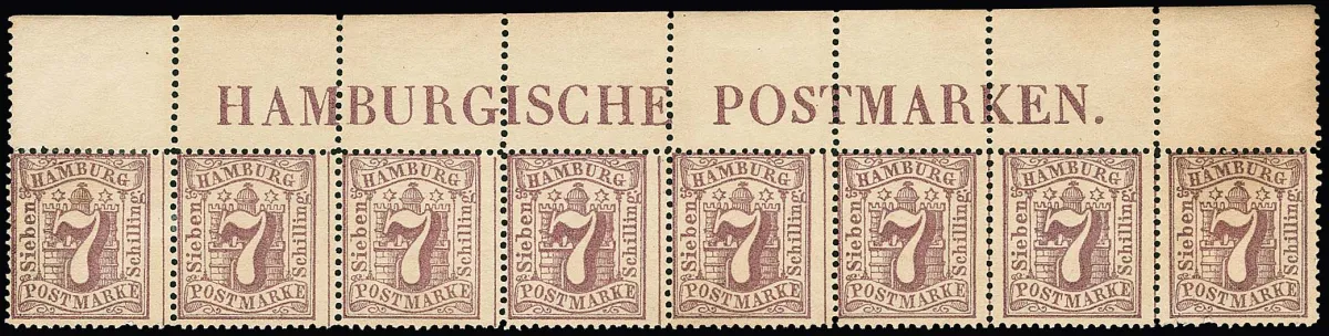 7 Sch. pourpre, bande de huit non oblitérée avec inscription de marge "HAMBURGISCHE POSTMARKEN", et trois blocs de quatre, partiellement avec gomme
