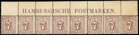 7 Sch. pourpre, bande de huit non oblitérée avec inscription de marge "HAMBURGISCHE POSTMARKEN", et trois blocs de quatre, partiellement avec gomme