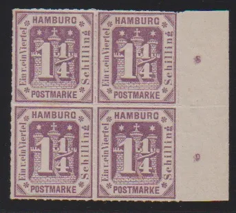 1 1/4 Sch. violet, bloc de quatre non oblitéré avec marges et numéros de rangée "8" et "9", deux timbres neufs sans charnière, quelques taches de gomme