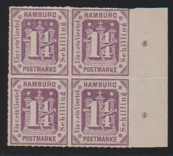 1 1/4 Sch. violet, bloc de quatre non oblitéré avec marges et numéros de rangée "8" et "9", deux timbres neufs sans charnière, quelques taches de gomme