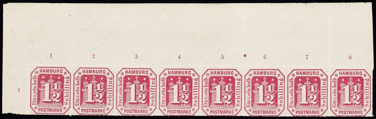 1 1/2 Sch. carmin, bande de huit postfrisch du coin supérieur gauche avec bord supérieur très large, ainsi que coin inférieur droit, paire de bord supérieur et bloc de quatre