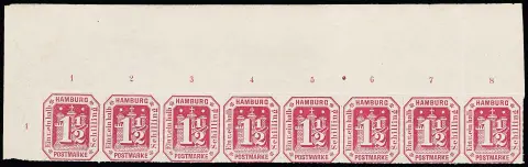 1 1/2 Sch. carmin, bande de huit postfrisch du coin supérieur gauche avec bord supérieur très large, ainsi que coin inférieur droit, paire de bord supérieur et bloc de quatre