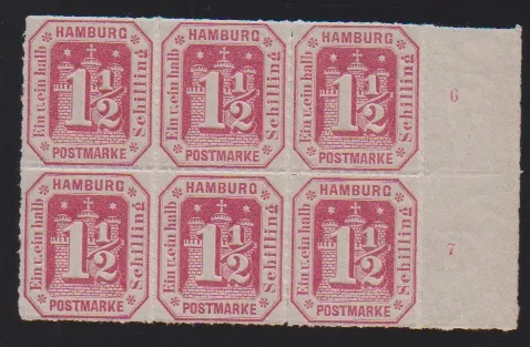 1 1/2 Sch. rose carmin, bloc de six avec bord et numéros de rangée "6" et "7" postfrisch