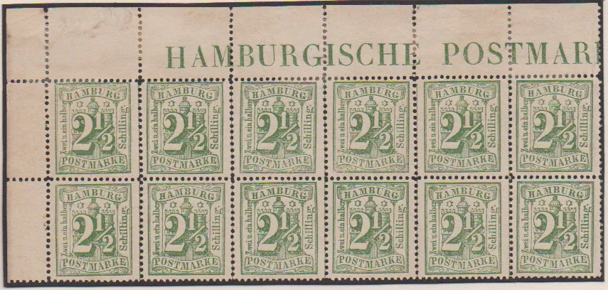 2 1/2 Sch. vert olive, bloc de 12 avec bord et coin détaché avec inscription de bord "HAMBURGISCHE POSTMAR", ainsi que deux blocs de quatre (un avec gomme légèrement tachée) et une paire sans filigrane