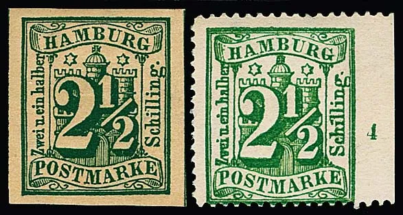 2 1/2 Sch. vert foncé, variété "non dentelé" comme pièce de cabinet non oblitérée, ainsi que 2 1/2 Sch. vert olive non oblitéré sans gomme du bord droit, non dentelé à droite