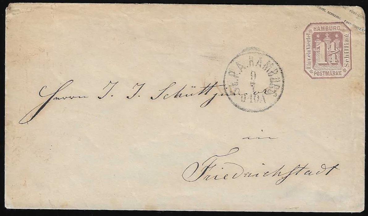 Entier postal 1 1/4 Sch. pourpre, enveloppe de luxe avec K1 "St.P.A. Hamburg" pour Friedrichstadt, Mi. 225,-