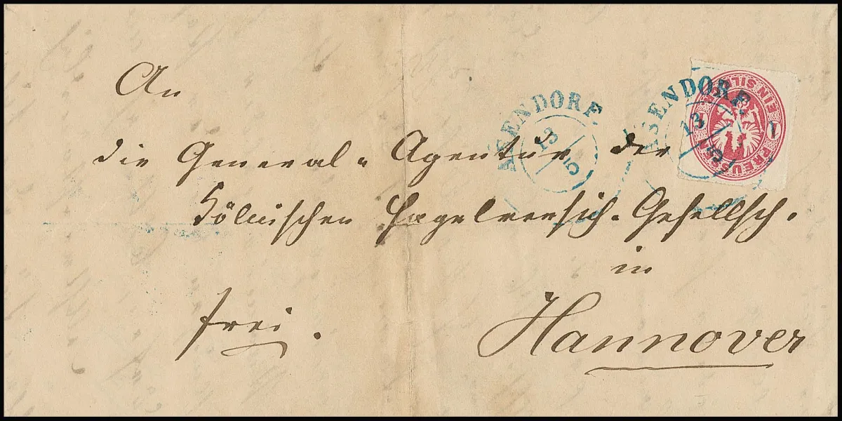 "Asendorf", blue redirected K2 clearly on cover (center fold) with superb Prussia 1 Sgr.