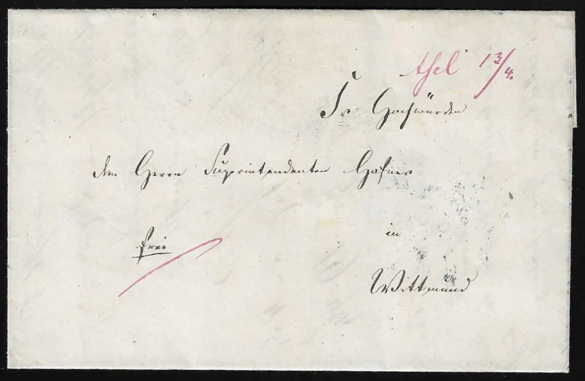 "Assel", 1858, dépôt de lettre manuscrit à l'encre violette sur lettre de choix pour Wittmund