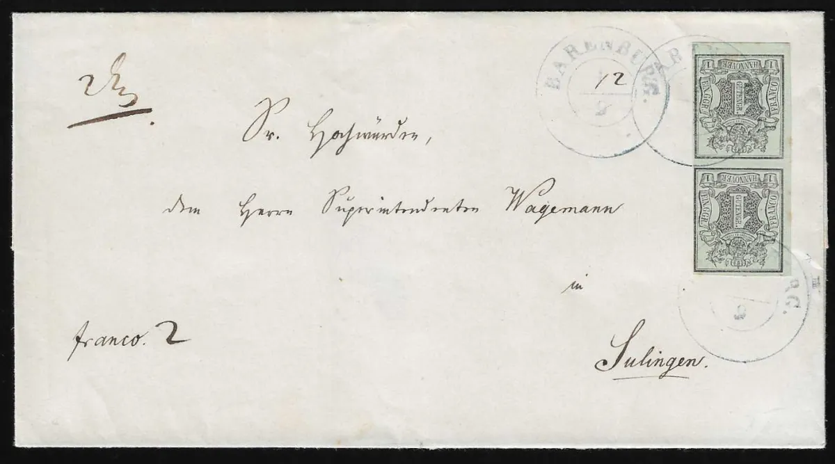"Barenburg", blue K2 three times (once with handwritten day) on cover with vertical pair 1 Ggr. (one stamp slightly short)
