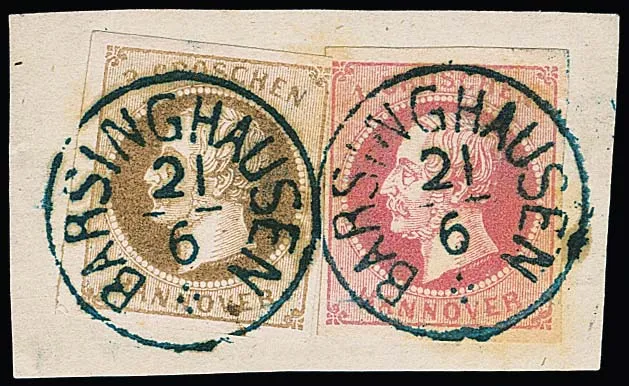"Barsinghausen", clear K1 on piece with better combination 1 Gr. pink and 3 Gr. brown, minor crease