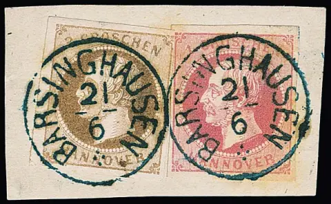 "Barsinghausen", duidelijke K1 op fragment met betere combinatie 1 Gr. roze en 3 Gr. bruin, lichte kreuk