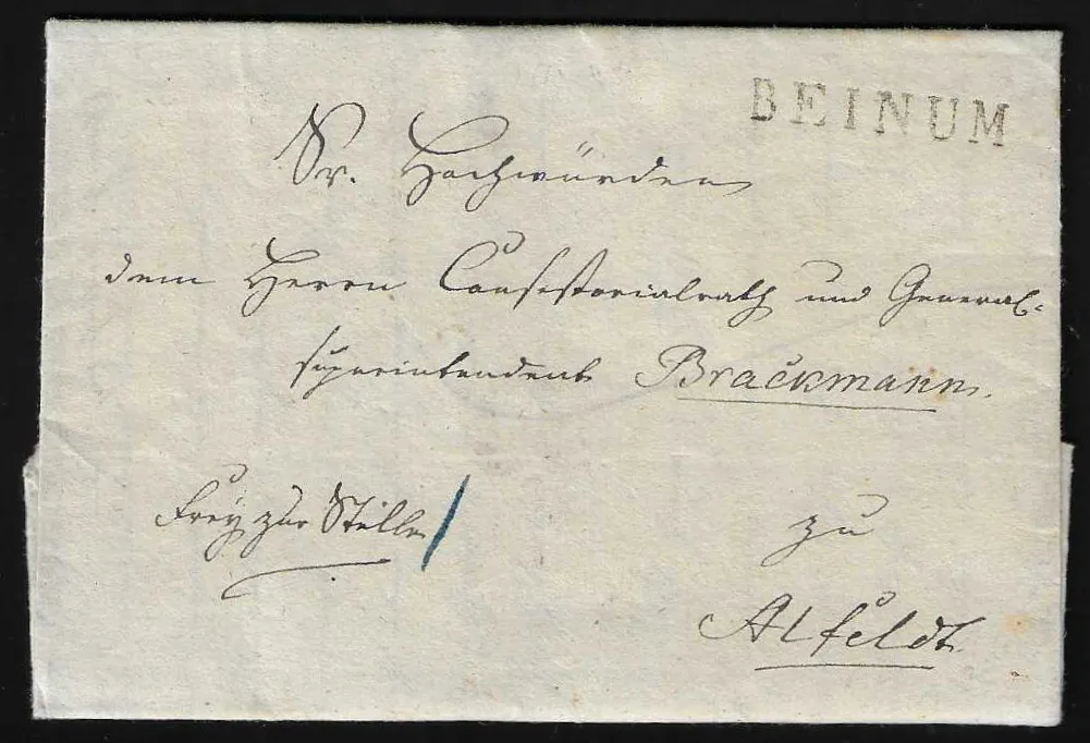 "Beinum", cca 1815-1829, L1 (jednou s L1 "Franco") na třech dopisech a jednom ručně psaném potvrzení, navíc ručně psané "DE BEINUM" na dopise 1829 do Sehlde