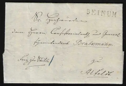 "Beinum", ca. 1815-1829, L1 (eenmaal met L1 "Franco") op drie brieven en een handgeschreven ontvangstbewijs, plus handgeschreven "DE BEINUM" op brief 1829 naar Sehlde