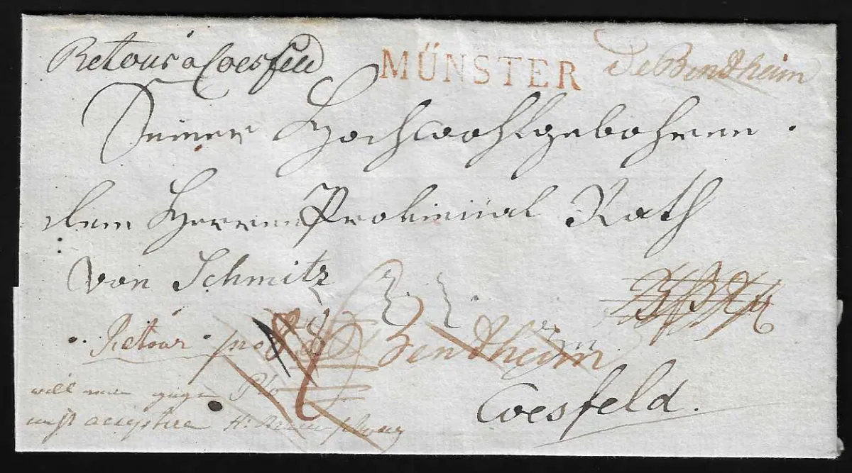 "Bentheim", (1808), handwritten red ink posting "de Bendheim", with red L1 "MÜNSTER", on return letter to Coesfeld and back