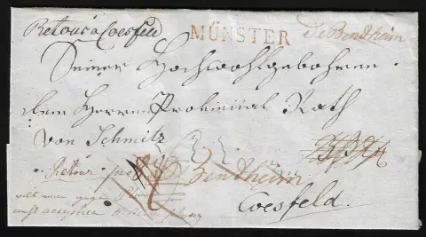"Bentheim", (1808), handgeschreven rode inkt afgifte "de Bendheim", met rode L1 "MÜNSTER", op retourbrief naar Coesfeld en terug