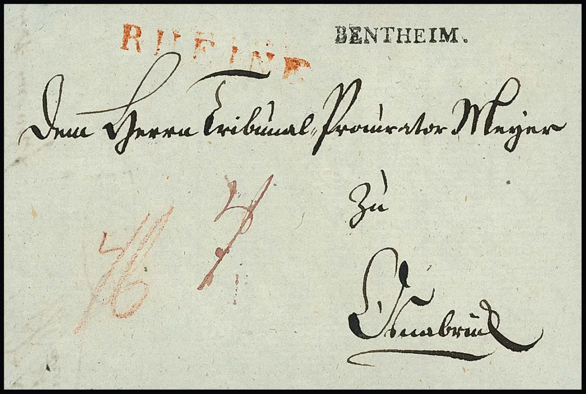 "Bentheim", 1811, 28.4., mały wyraźny L1 z czerwonym L1 "RHEINE", wzgl. odręczne "Bentheim" z czerwonym L1 "RHEINE", na dwóch małych luksusowych listach do Osnabrück wzgl. Göttingen
