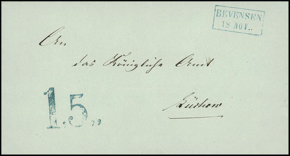 "Bevensen", 1859, Ra2 bleu clair avec rare cachet de taxe "1,5" sur lettre de luxe pour Lüchow, ArGe 600,-