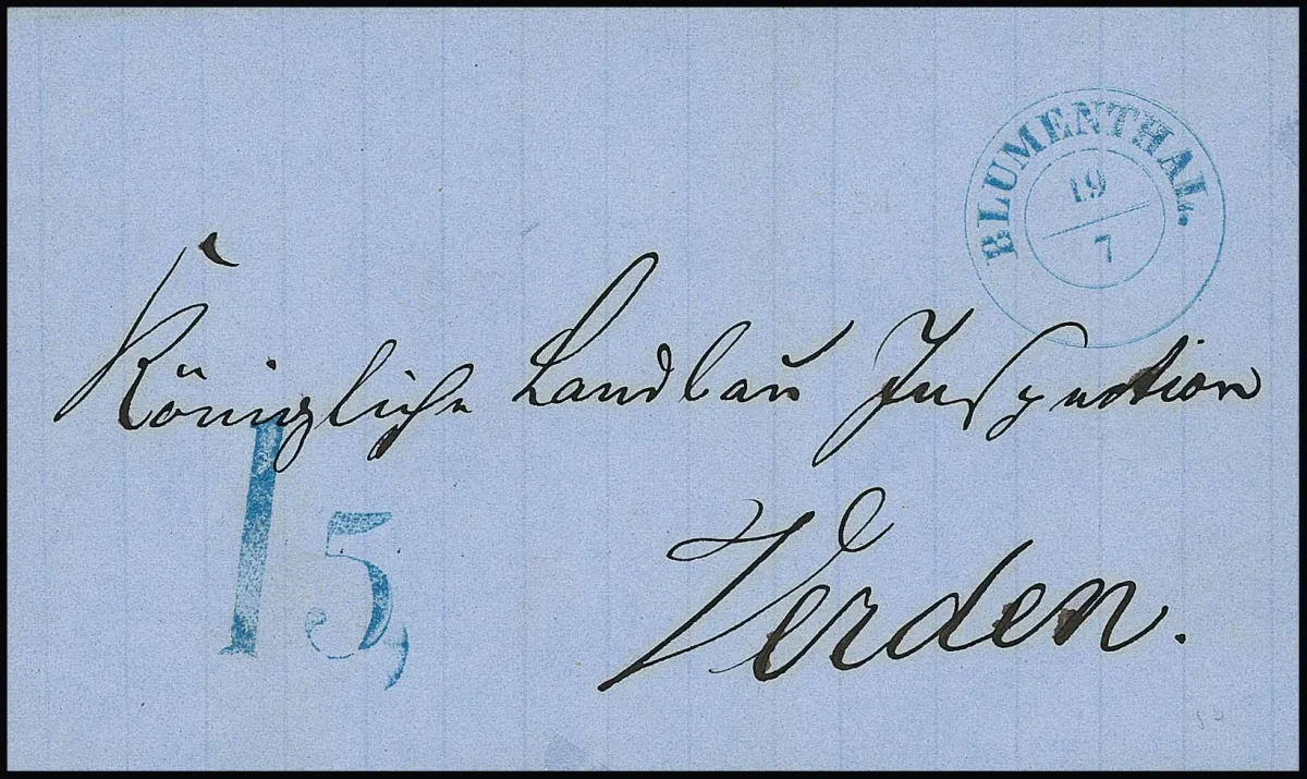 "Blumenthal", (1860), K2 bleu avec rare cachet de taxe "1,5" sur enveloppe de cabinet bleue pour Verden, ArGe 400,-