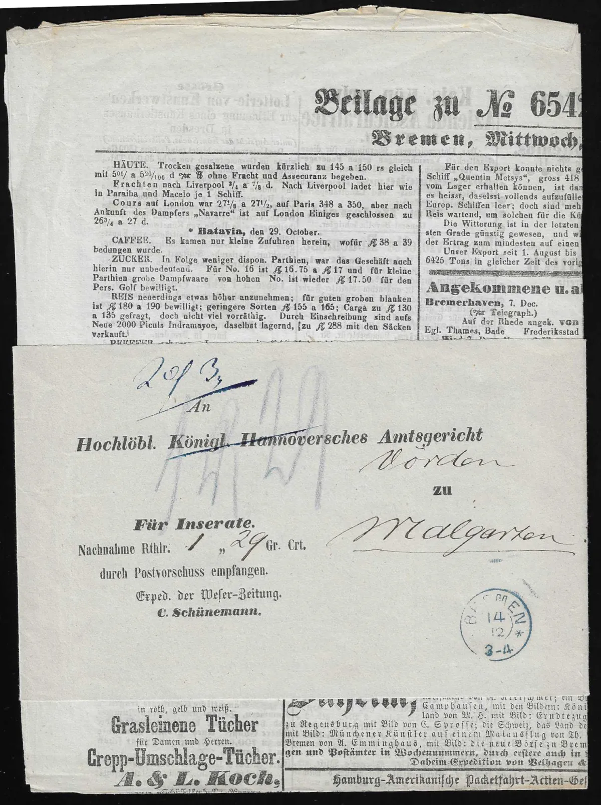 "Bremen", 1864, K2 bleu avec étoiles sur bande de mandat postal préimprimée avec journal joint