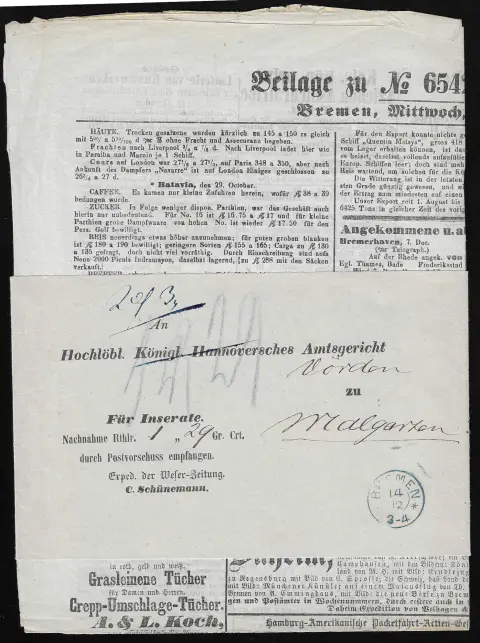 "Bremen", 1864, blauwe K2 met sterren op voorgedrukte postwisselstrook met bijbehorende krant
