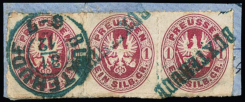 "Buxtehude", combinaison de cachets réutilisés inhabituelle sur bande de trois Prusse 1 Sgr. (légère patine), la paire de gauche avec L1, le timbre de droite avec K2 de la Saint-Sylvestre, chacun en bleu