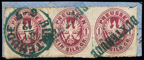 "Buxtehude", ongebruikelijke hergebruikte stempelcombinatie op strook van drie Pruisen 1 Sgr. (lichte patina), het linker paar met L1, de rechter zegel met oudejaars-K2, elk in blauw