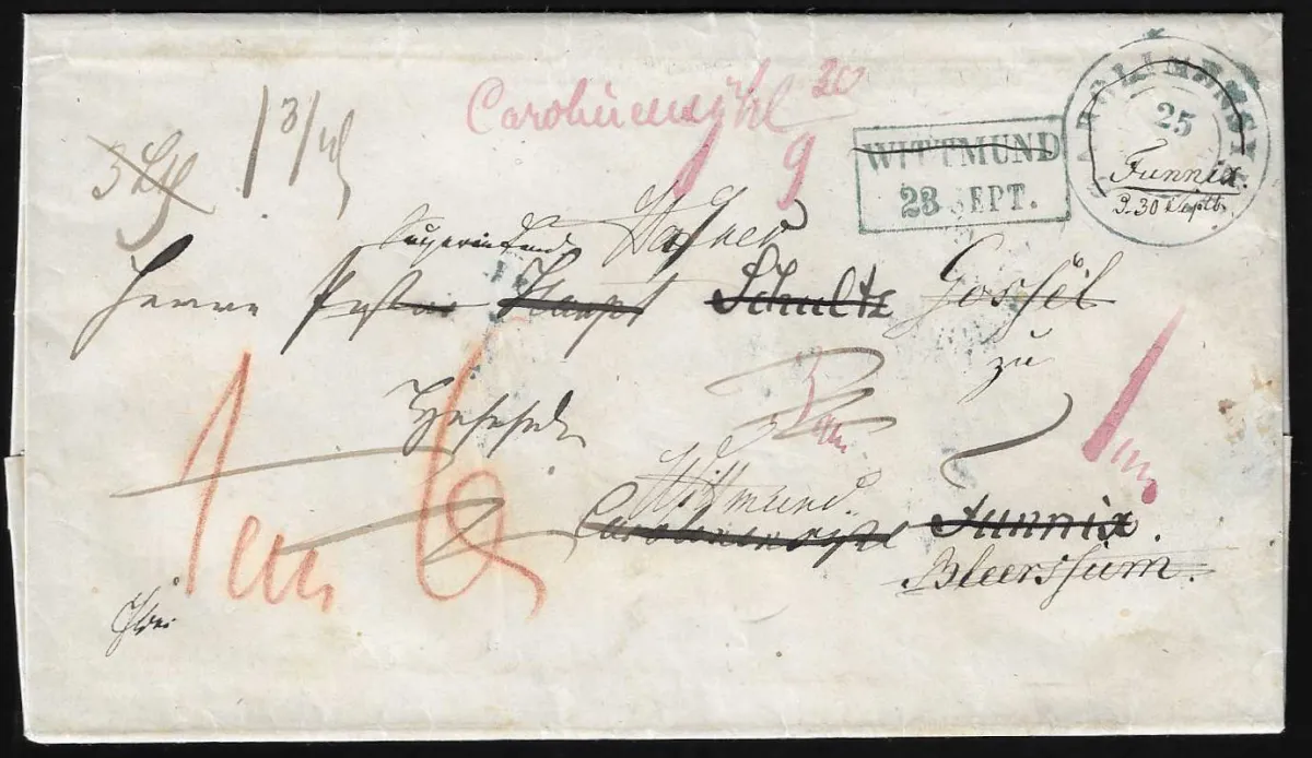 "Carolinensyhl", 1853, ruk. podání sběrného dopisu fialové, s modrým Ra2 "Wittmund" a K2 "Carolinensyhl", na venkovském dopise do Funix a Beersheim, mnoho…