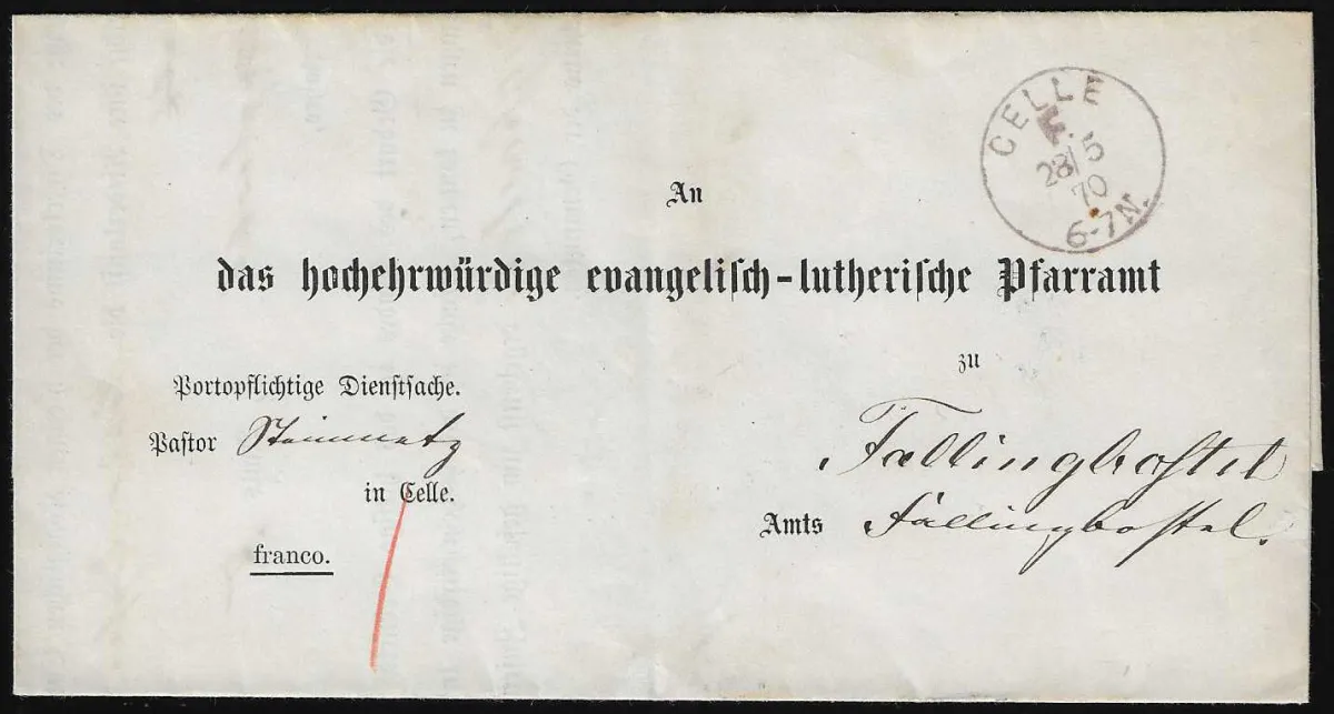 "Celle F.", 1870, K1 franco violet clair sur enveloppe préimprimée de luxe vers Fallingbostel