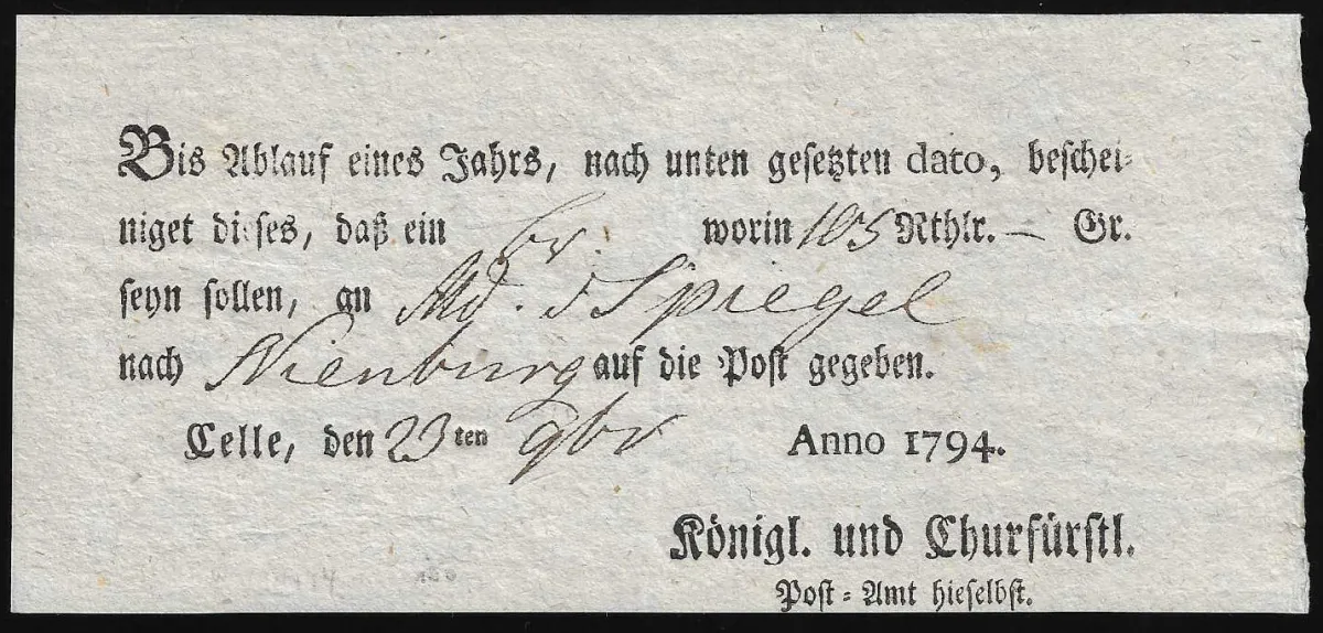 "Celle", 1794-1807, osm poštovních poukázek, Weidlich 17, 18, 20(2), 21(2), 23, 24, 700 P.