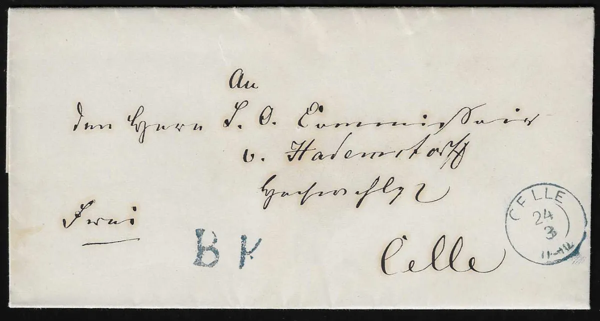 "Celle", 1859/1860, K2 on four cabinet letters from Wienhausen and Sievershausen, each with auxiliary L1 "B.K." (letter box)