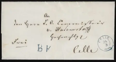"Celle", 1859/1860, K2 sur quatre lettres de cabinet de Wienhausen et Sievershausen, chacune avec L1 accessoire "B.K." (boîte aux lettres)