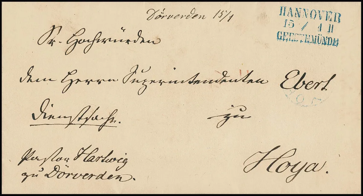 "Dörverden", vzácná rukopisná poznámka o podání na dopise s modrým L3 železniční pošty "Hannover-Geestemünde" (1867)