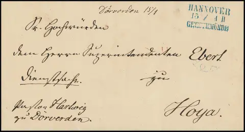 "Dörverden", rare mention manuscrite de dépôt sur lettre avec L3 de poste ferroviaire bleu "Hannover-Geestemünde" (1867)