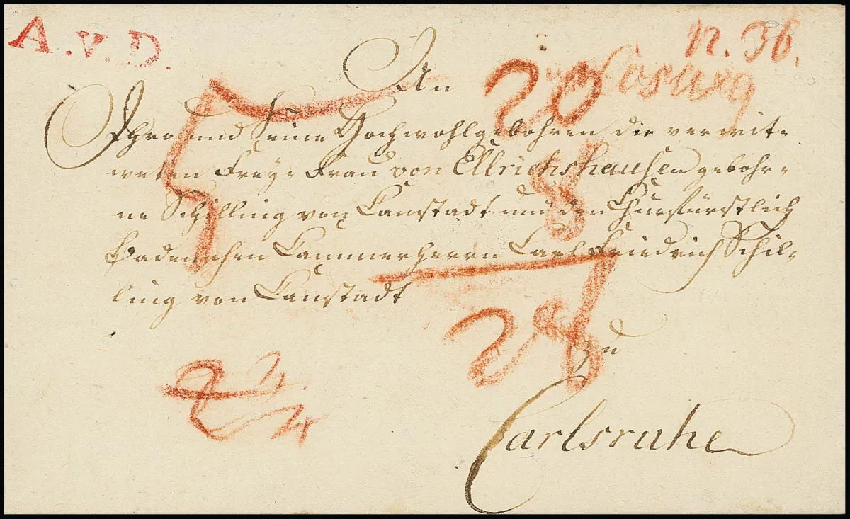 "Duderstadt", (1804), enveloppe décorative de "Coswig" (ms.) avec très rare L1 rouge "A.V.D." (dépôt de Duderstadt) vers Karlsruhe, Hb. 1000,-