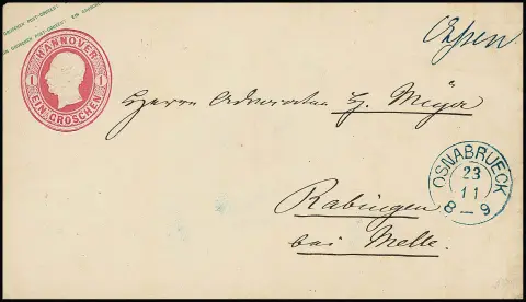 "Essen", dépôt manuscrit de la collection de lettres, avec K2 "Osnabrück", net sur entier postal 1 Gr. rose vers Rabingen près de Melle, expertise photo Berger "irréprochable"