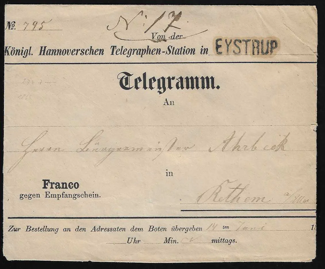 "Eystrup", (1860), železniční L1 "EYSTRUP" jasný na obálce telegramu do Rethem, na rubu krásná pečetní pečeť stanice